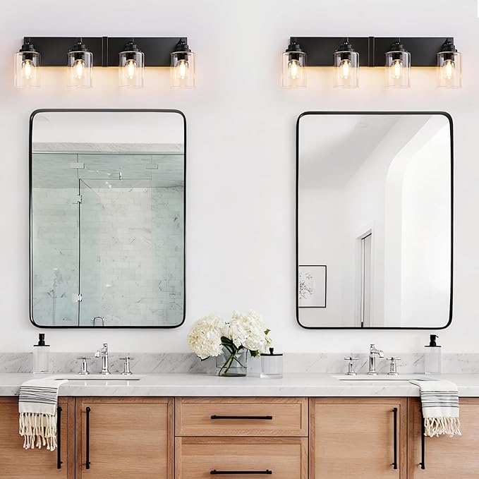 Black Bathroom Light Fixture, 4 Light Matte Black Vanity Light, 27.5" Modern Bathroom Lighting Fixtures Over Mirror, with Clear Glass Shade, Vanity Lights for Bathroom Bedroom Hallway