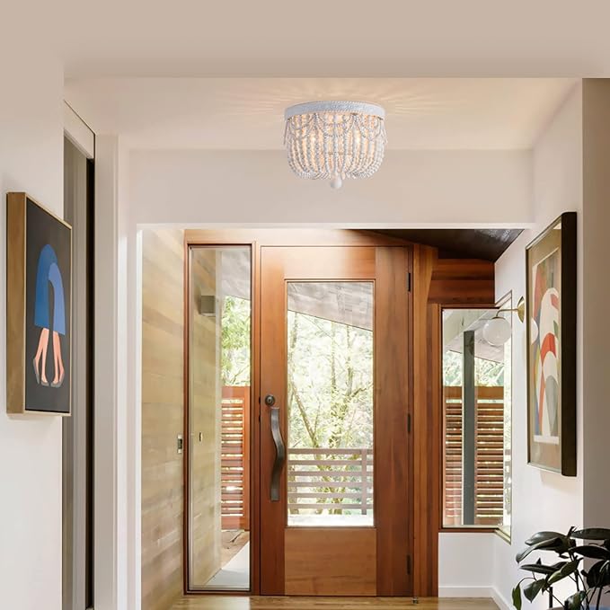 4-Lights Bohemian Flush Mount Ceiling Light Wood Beaded Mini Chandelier Farmhouse Ceiling Lighting Fixtures for Bedroom Dining Room Foyer Kitchen Hallway Nursery Room Walk in Closet, White