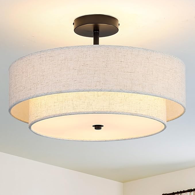 16.5 inch Semi Flush Mount Ceiling Light with Natural Linen Shade, 3-Light UL Listed Fixture with E26 Socket (No Bulb Included) for Bedroom, Kitchen, Living Room