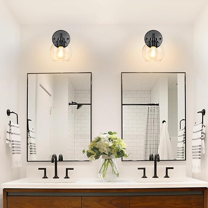 Black Bathroom Vanity Lights, 1-Light Wall Sconce with Glass Globe Shade, Vanity Lighting for Bathroom/Bedroom/Dressing Room, Vertical/Horizontal Mounted, E26 Bulb Base (Bulb Not Included)