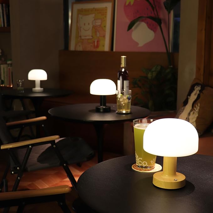 HAPYGI Small Mushroom Table Lamp, Cordless Night Light with 2600mAh Rechargeable Battery, Stepless Dimming Desk Lamp with 3 Colors for Bedroom/Patio/Living Room (Black-1)