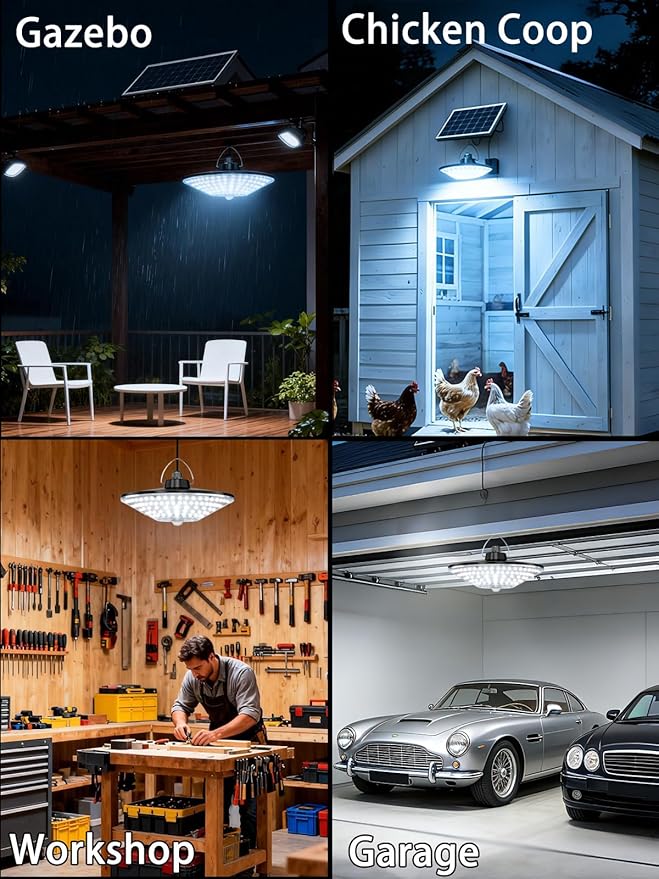 Solar Lights Indoor Outdoor, Solar Pendant Lights with Motion Sensor & Remote, 198 Bright LEDs, 5 Lighting Modes, Waterproof Energy Efficient for Shed Barn Chicken Coop Gazebo Garage Day & Night