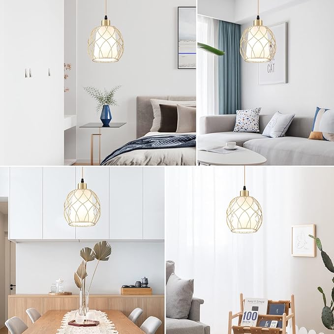 Cinkeda Plug-in Pendant Light, Hanging Lamp with Linen Shade, 15ft Golden Cotton Cord, Plug-in Light Fixture for Bedroom (Bulb Included)