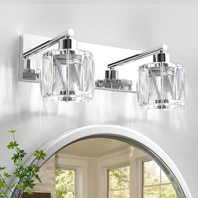 VOLISUN Crystal Vanity Lights - 2 Light Modern Stainless Steel Bathroom Light Over Mirror, Chrome Finish - UL Certificated (Exclude Bulb)