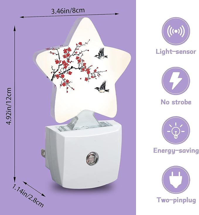 Birds Flying Nightlights Plug in Wall,Plum Blossoms Decorative Star Lamp with Automatic Lighting for Living Space,Gentle Glow for Kids Room,Hallway,Bathroom