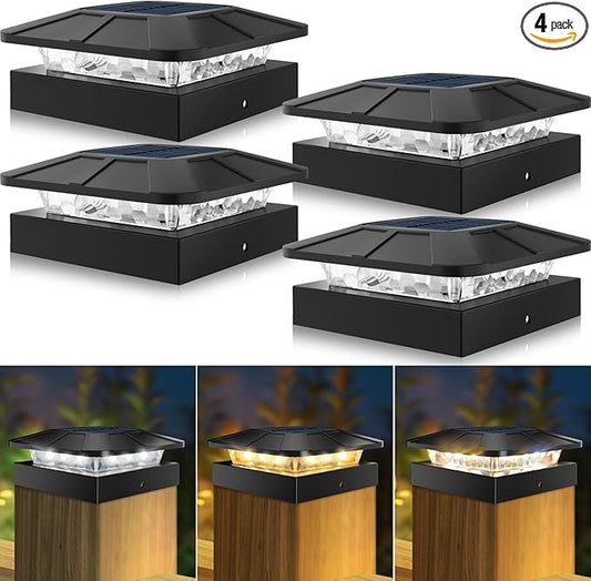 Peasur 4x4 Solar Post Cap Lights Outdoor with 3 Modes, 4 Packs LED Post Light Solar Powered Waterproof, 4x4/3.5×3.5 Wood/Vinyl Fence Posts Lights for Deck Railing Porch Mailbox Outside