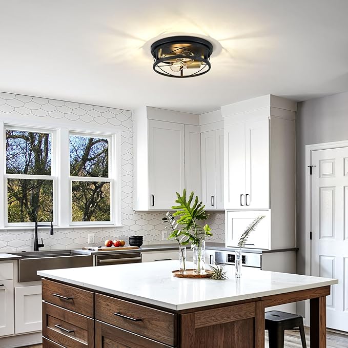 Farmhouse Lights,Black and Gold Industrial Flush Mount Ceiling Light, Ceiling Lamp Farmhouse Lighting Fixture for Hallway, Bedroom, Kitchen, Entrance, 2-Light