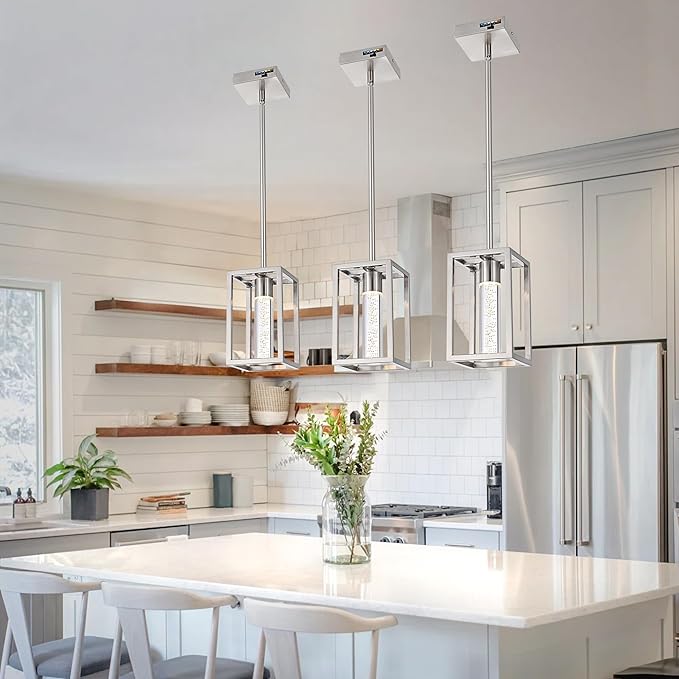 MELUCEE 3 Pack 15W LED Bubble Crystal Pendant Lights Kitchen Island, Modern Led Pendant Light 5 Color Temperature Adjustable, Brushed Nickel Dining Room Light Fixtures Adjustable Height, 3000-6000K