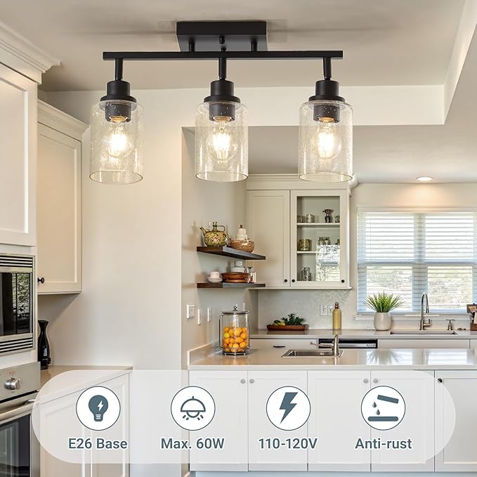 LOUSACE 3 Light Track Lighting Fixtures Ceiling with Rotatable E26 Heads, Bathroom Vanity Light Ceiling with Seeded Glass Shade, Kitchen Light Fixtures Over Sink for Kitchen Island Dining Room
