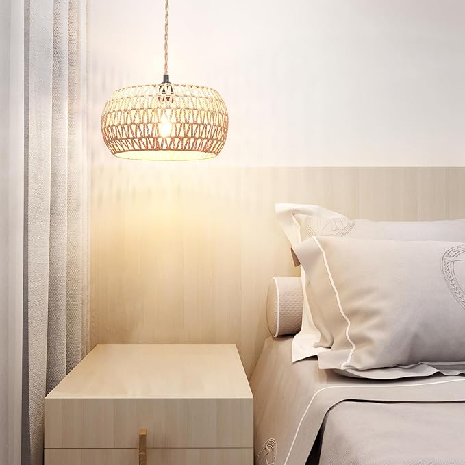 Plug in Pendant Light Rattan Hanging Lamp Pendant Light with on/Off Switch Rattan Woven Shade Hanging Lamp Plug in for Living Room Bedroom Farmhouse