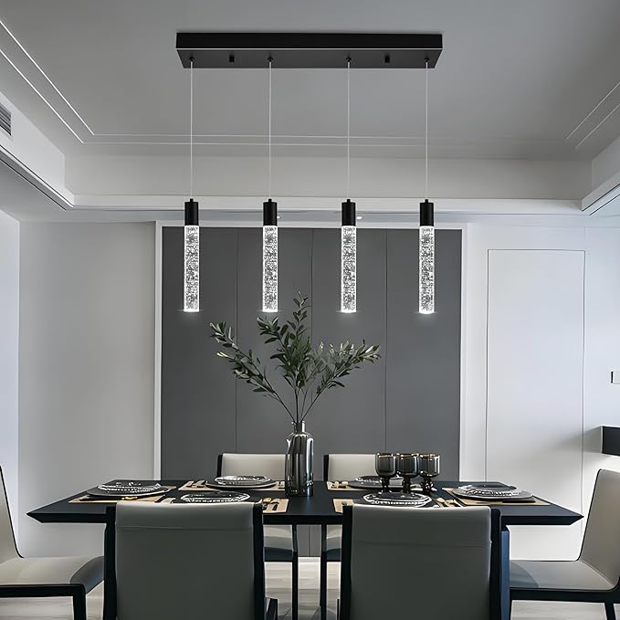 4-Light Matte Black Integrated Crystal Pendant Chandelier,Dimmable LED Ceiling Light with Adjustable Height for Kitchen Island, Dining Room & Bedroom 3000K -6000K