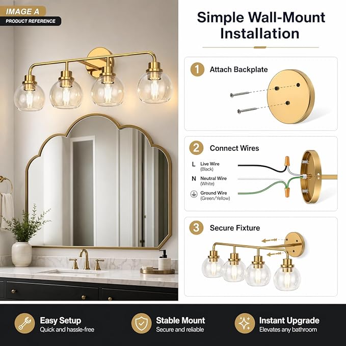 DORESshop Built to Last 20 Years Bathroom Light Fixtures, 4-Light Vanity Lights Over Mirror, Gold Wall Lamp with Clear Glass for Living Room Decor Bedroom Porch Cabinet