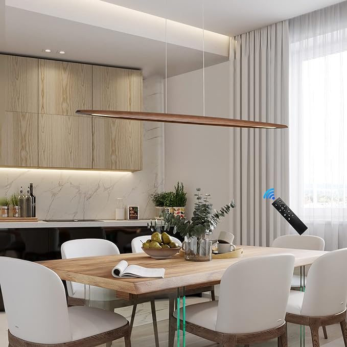 YISDESIGN 71" Wood Linear Pendant Light Wood Linear Dinning Room Light Island Lights LED Dimmable Chandelier 40w for Dining Room Billiard & Pool Table Walnut Color