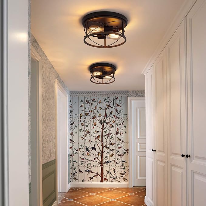 Q&S Farmhouse Ceiling Light Fixture Flush Mount,ORB+Bronze,Rustic Vintage Mini Ceiling Lighting for Hallway Entryway Kitchen Dining Room Bedroom Garage Gazebo Locker,2 Lights UL Listed