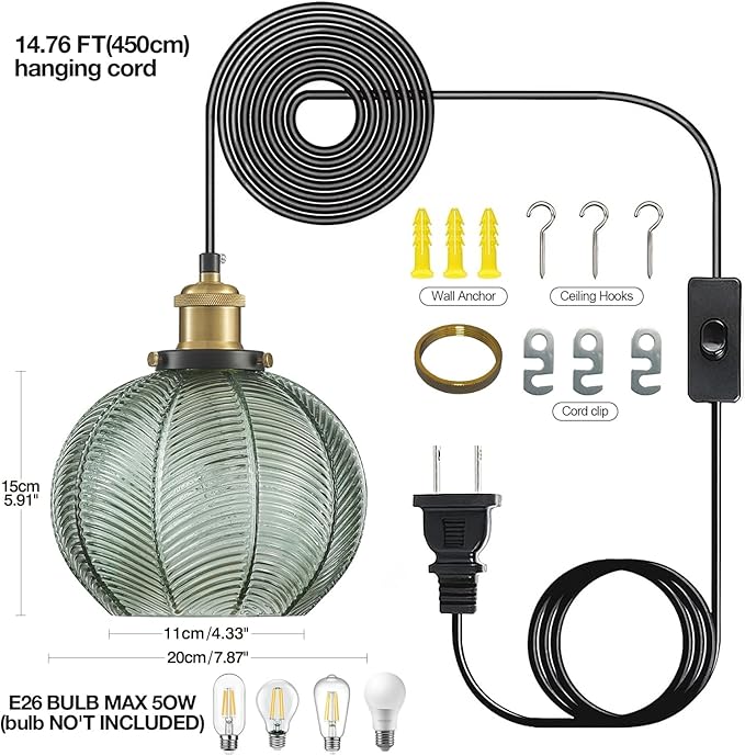 Modern Plug in Hanging Light 2-Light, 7.8 Inch Glass Pendant Light with Plug 14.76 FT Adjustable in Cord, Vintage Green Hanging Lamp for Dining Room Bedroom Kitchen Island Bathroom E26