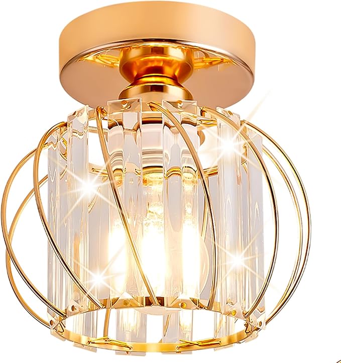 Semi Flush Mount Crystal Ceiling Light, Metal Cage Hallway Ceiling Lamps, Farmhouse Ceiling Light Fixture, Industrial Crystal Chandelier for Corridor Bathroom Kitchen (1, Gold, 7.5 Inch)