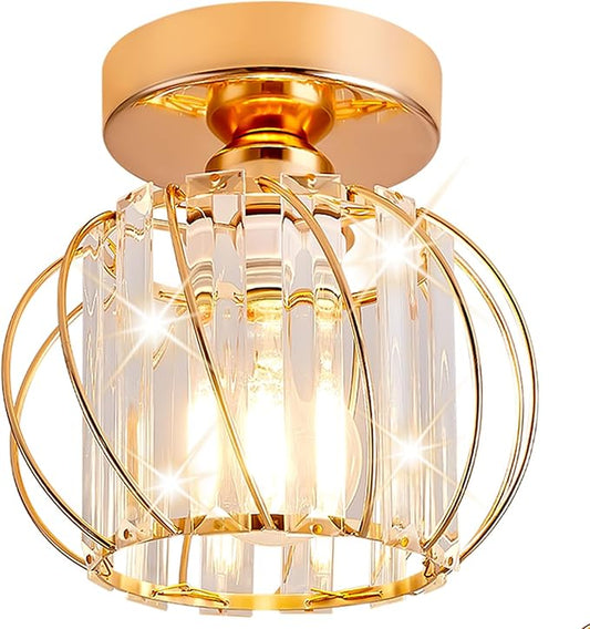 Semi Flush Mount Crystal Ceiling Light, Metal Cage Hallway Ceiling Lamps, Farmhouse Ceiling Light Fixture, Industrial Crystal Chandelier for Corridor Bathroom Kitchen (1, Gold, 7.5 Inch)