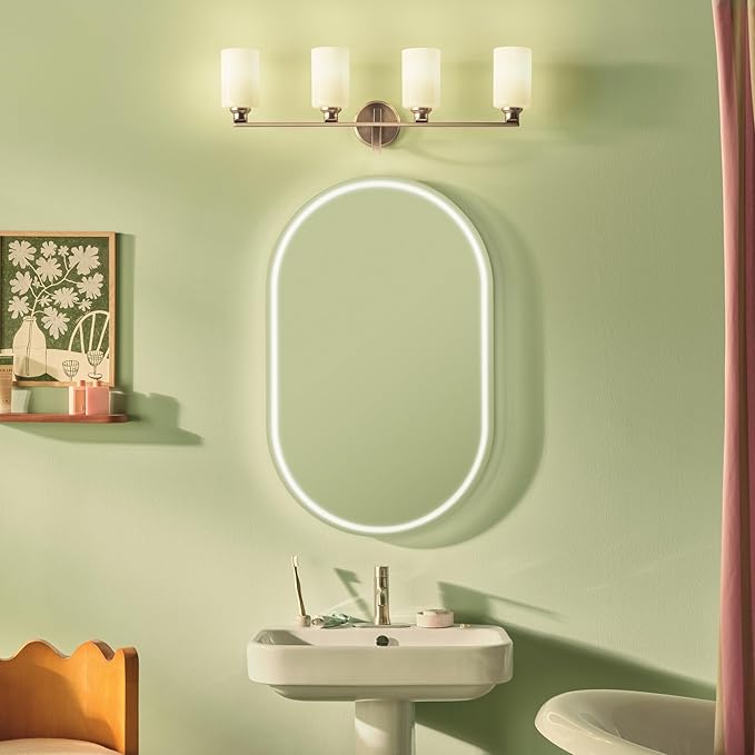 Kichler Gioe 4-Light Vanity Light Fixture with Opal Glass in Champagne Bronze, Wall Mounted Bathroom Light for Mirror, Damp Rated (32.25" x 10.5" x 6.75"), 55227CPZ