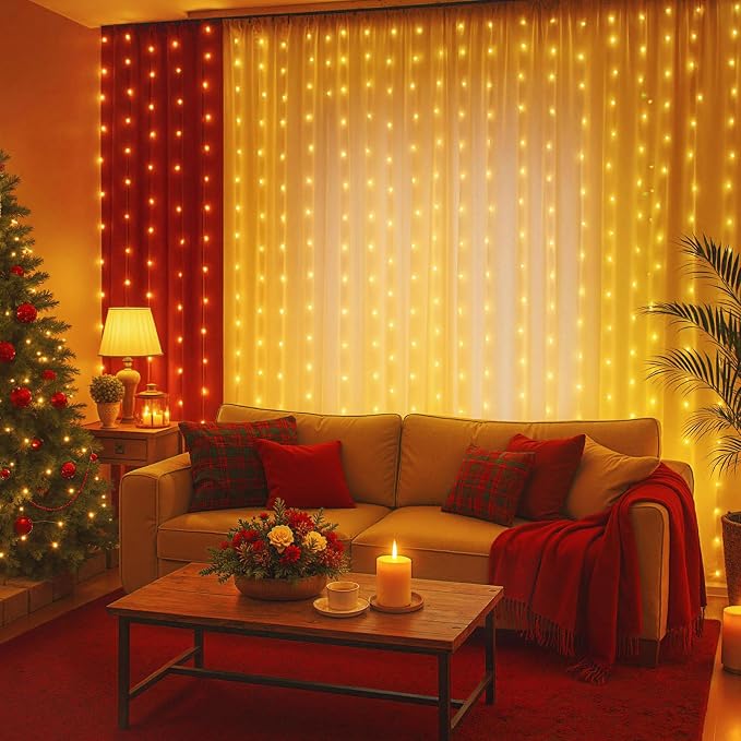 DomeStar 300 LED Curtain Lights for Bedroom, 9.8 x 9.8 FT Fairy Lights with 8 Modes Remote, Plug‑in Design for Holiday Hanging Wall Garden Party Birthday Ambient Decor (Warm White)