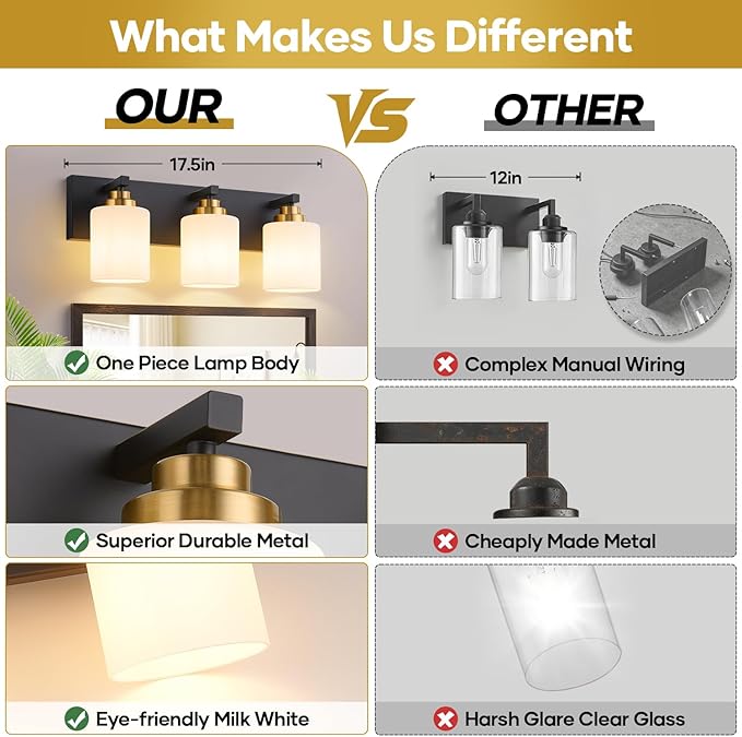 Vanity Lights for Bathroom, 3-Light Black and Gold Bathroom Vanity Light Over Mirror with Milky White Glass Shades, Modern Bathroom Light Fixtures for Living Room Hallway Cabinet (Bulbs Not Included)