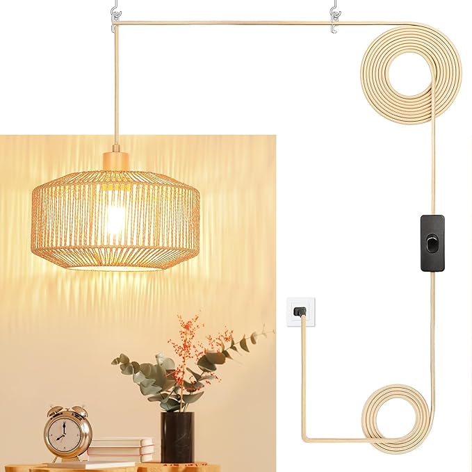 Qingmiao Boho Plug in Pendant Light, Rattan Hanging Lamp Plug in with Woven Shade, 3-Way Dimmable Hanging Light Fixture for Living Room Bedroom Kitchen Ceiling Farmhouse Home Decor