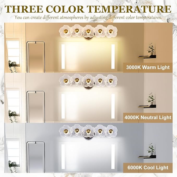 26.7" Black Bathroom Light Fixtures 5 Light Floral Bathroom Vanity Light, 3-Color Temperature Vanity Light Elegant Led Wall Lights Cordless Wall Sconces for Decor,Restroom,Livingroom,Bedroom