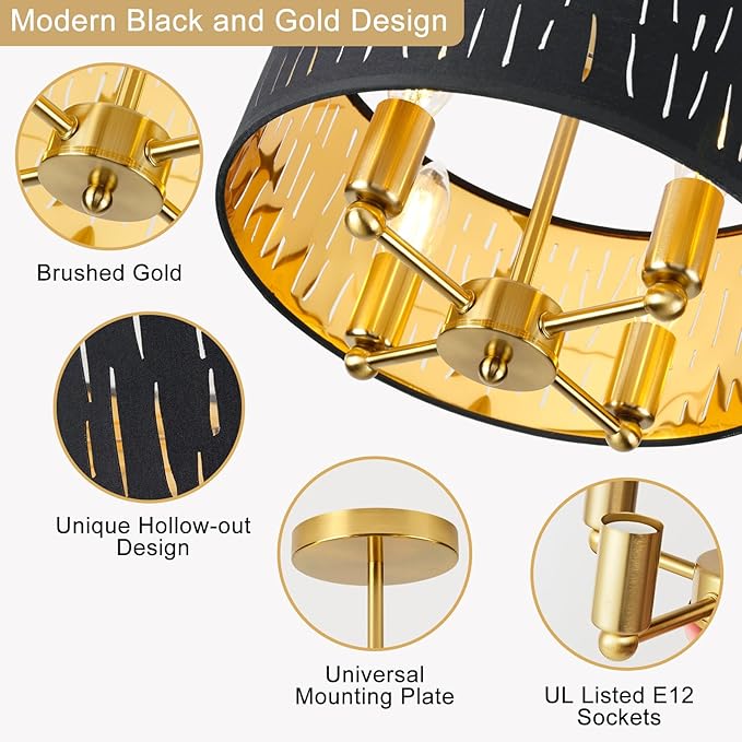 Drum Semi Flush Mount Lighting Fixture, Modern Semi Chandeliers, Fabric Farmhouse Ceiling Light, Black Fabric Shade 3-Light for Kitchen Island Bedroom Hallway Foyer, E26, W12xH14