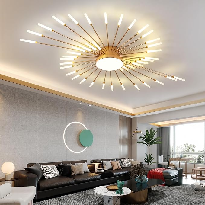 JAYMP 50.4" Ceiling Light Modern Flower Shape Ceiling Lamp for Living Room Dining Room Flush Mount Metal Acrylic Sputnik Firework Petal LED Lighting Fixture (Matte Gold, 42+1 Lights)