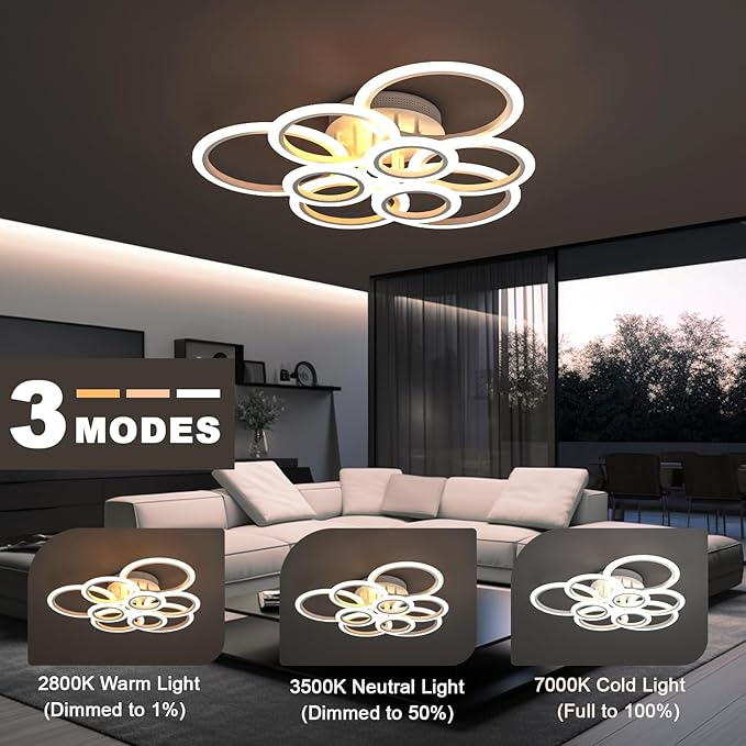 Modern LED Ceiling Light, 9 Ring Flush Mount Ceiling Light Fixture, Lampara de Techo con Control Remoto y App, 2800K-7000K Dimmable, 120W Chandeliers for Dining Room, Living Room, Bedroom
