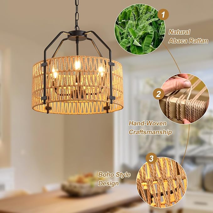lobolighting 4-Light Rattan Chandelier Light Fixtures, 16.5" Boho Pendant Light with Hand Woven Drum Shade, Modern Farmhouse Chandelier for Dining Room Living Room Kitchen Island Bedroom