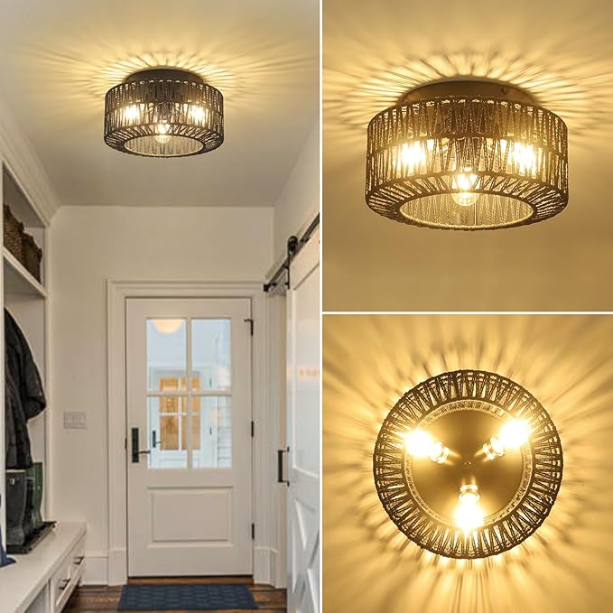 Rattan Light Fixtures, 3-Light Boho Flush Mount, Farmhouse Ceiling Light with Hand-Woven Shade, Modern Chandelier for Living, Bedroom, Entryway, Kitchen, Nursery