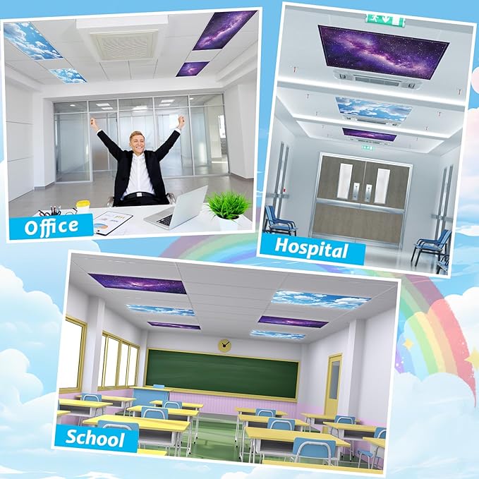 Wiooffen 4Pcs Fluorescent Light Covers for Classroom Ceiling Light 4x2Ft Magnetic Lights Covers Filter Easy Install for Office School Hospitals Ceiling Supply(Purple Starry Sky, White Cloud)
