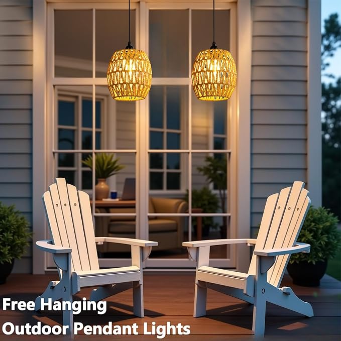 Battery Operated Chandelier, 2 Pack Natural Rattan Pendant Lights - Waterproof Outdoor Boho Hanging Lamps with Egg-Shaped Design, for Patios, Pergolas, Porch, Gazebo & Indoor Ceiling Decor