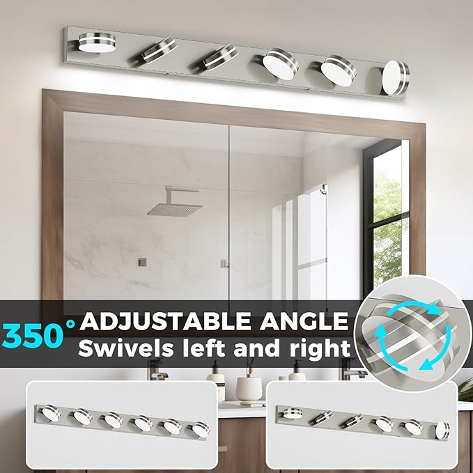 6-Light Nickel Bathroom Vanity Light Over Mirror, LED Vanity Lighting Fixtures, Modern Bathroom Wall Light Fixtures with 360°Rotating Lamp Head (Cool White 5500K)