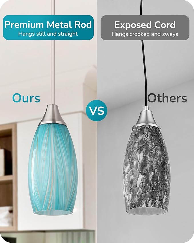 EDISHINE Pendant Lights Kitchen Island, Blue Handcrafted Art Glass, Blown Glass Pendant with 5.12” Dia x 11.40” H Shade, Teal with Gold, Adjustable Brushed Nickel Rods, Hardwired Over Island Bar, E26