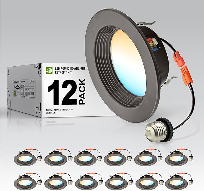 ASD 12 Pack Bronze 4 Inch Retrofit LED Recessed Light - 10W 2700K-5000K 849LM Retrofit LED Recessed Lighting 4 Inch, Dimmable Bronze Recessed Lights, Wet Rated Baffle Trim Can Lights, ETL, Energy Star