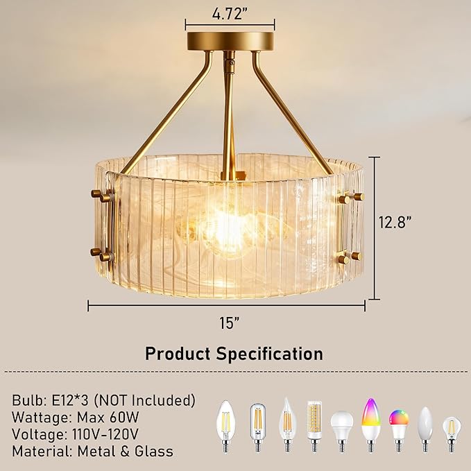 Gold Glass Semi Flush Mount Ceiling Light Fixture 3-Light Drum Ceiling Light Foyer Kitchen Lighting Fixtures D15 Farmhouse Flush Mount Ceiling Lights for Living Room Hallway Bedroom