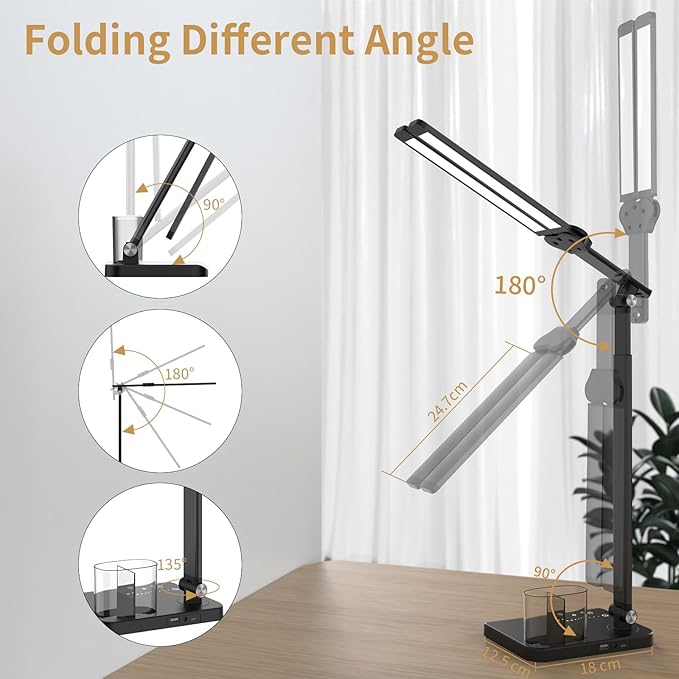 Woputne LED Desk Lamp, Dual Heads, Height Adjustable, USB Charging Port, 5 Light Modes & Dimmable Brightness, Bedside Lamp for Reading, Craft, Work, Study (Black, 15W)