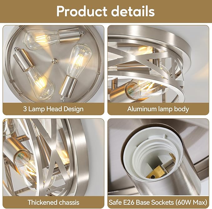 2 Pack Close to Ceiling Light Fixtures, 3-Lights Brushed Nickel Flush Mount Ceiling Light, 13 Inch Indoor Metal Cage Semi Flush Mount Ceiling Light for House Bedroom Laundry Hallway Kitchen