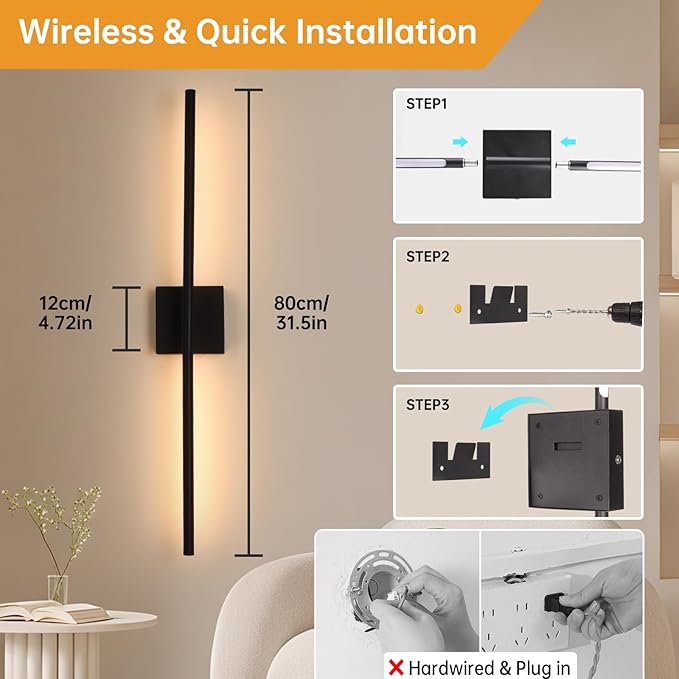 Shenmoyl Battery Operated Wall Sconce Set of 2, 10400mAh Rechargeable Wall Lights, 3000K-6000K Dimmable, 350°Rotate, Indoor Wall Sconces with Remote for Bedroom Living Room Bathroom, Black, 31.5 Inch