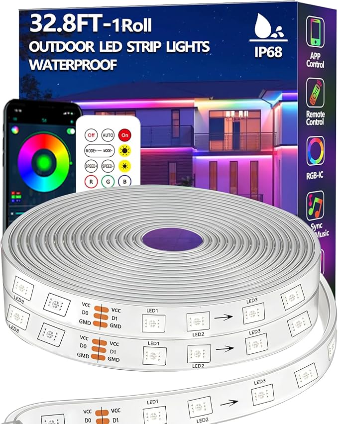 32.8FT Outdoor LED Strip Light IP68 Waterproof,Outside RGB Light Strip with App/Remote Control,Chase Mode,Music Sync Rope Light for Balcony,Deck,Rooftop,Garden,Pool