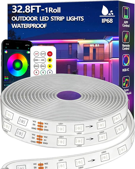 32.8FT Outdoor LED Strip Light IP68 Waterproof,Outside RGB Light Strip with App/Remote Control,Chase Mode,Music Sync Rope Light for Balcony,Deck,Rooftop,Garden,Pool