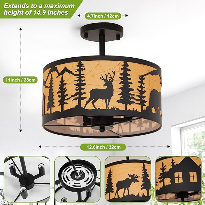 Rustic 3-Light Semi-Flush Mount Ceiling Light Fixtures, E12 Base Black Round Farmhouse Metal Light Fixtures for Kitchen, Hallway, Living Room, Industrial Style with Deer, Bear, Tree Design- Lampshade