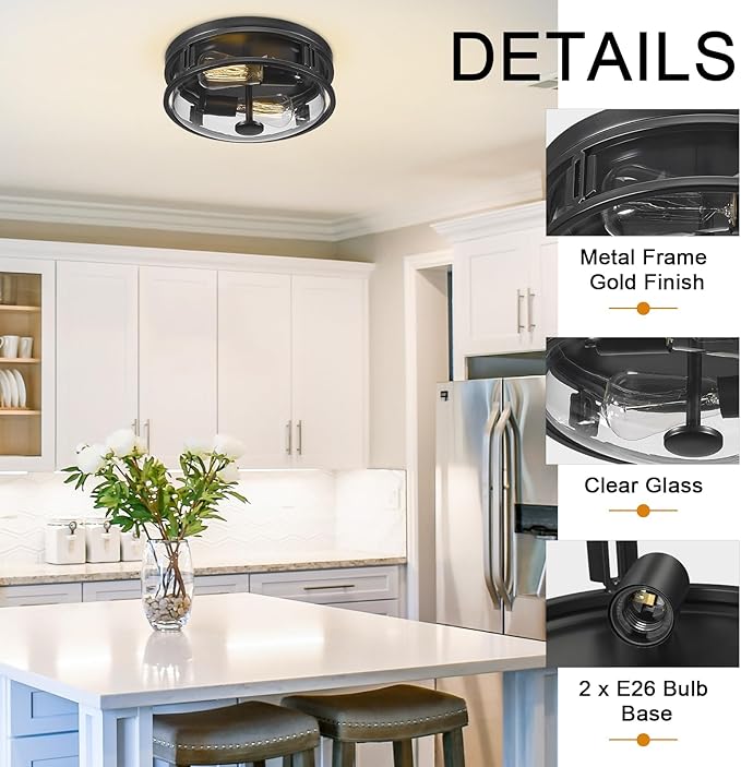 Flush Mount Ceiling Light with Clear Glass Shade, 2-Light Indoor Outdoor Farmhouse Lighting Flush Mount Lights for Kitchen Bedroom Porch Living Dining Room