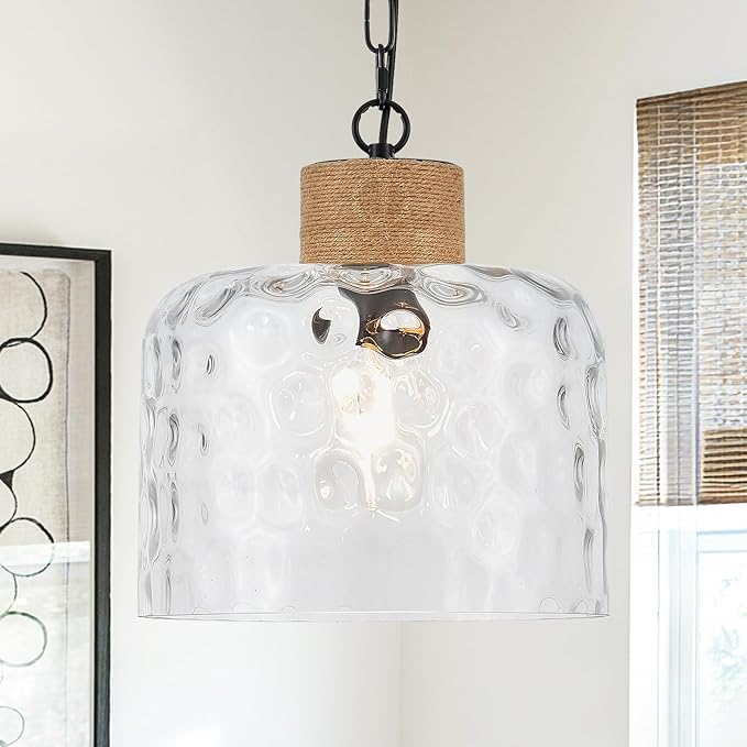 VILUXY Large Hammered Glass Pendant Light Farmhouse Dome Pendant Lighting Hand-Blown Hammered Glass Shade Black Adjustable Ceiling Hanging Light for Kitchen Island Dining Room Hallway, UL Listed