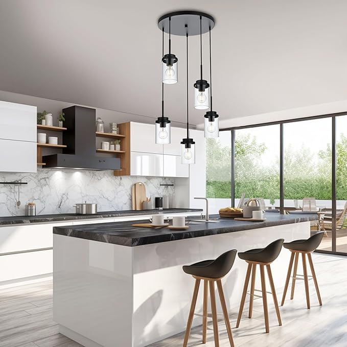 MELUCEE 5-Light Pendant Light Fixtures Ceiling Hanging Cluster Chandelier Black with Clear Glass Shade, Modern Pendant Lighting for Kitchen Island Dining Room Living Room
