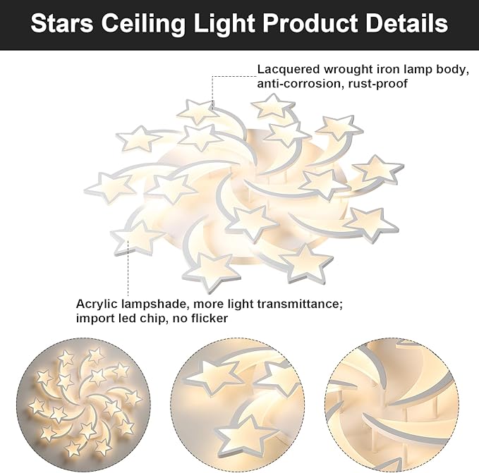 JAYMP Star Shaped Ceiling Light Dimmable Modern Ceiling Lamp Remote Control LED Lighting Fixture for Bedroom Living Room Dining Room (White/15 Stars)
