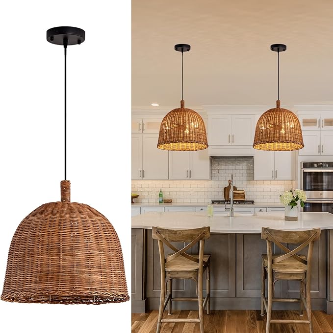 Farmhouse Rattan Pendant Light 3lights 13.8IN Hand Weaving Wicker Dining Room Light Boho Bracket Hanging Chandelier Fixture for Living Room Bedroom Kitchen Island Entry Hallway