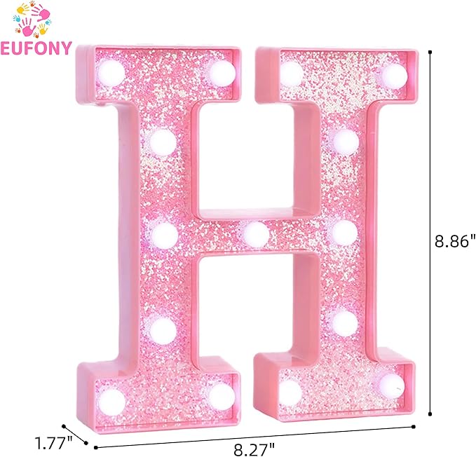 Pink Marquee Light Up Letters, Glitter Alphabet LED Letter Lights for Pink Birthday Party Decorations, Battery Operated Letter Sign for Girls Room Vanity Table Decor, Cool White Lights Letter H