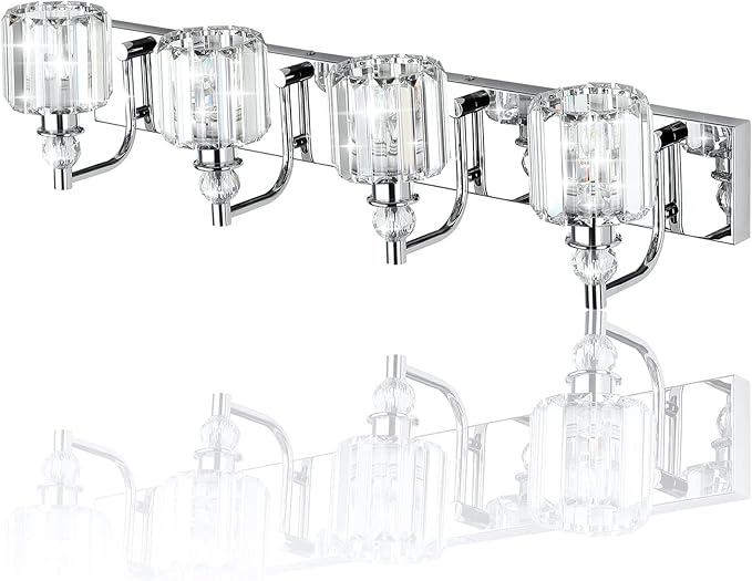 Ralbay Crystal Bathroom Vanity Light - 4 Light Modern Crystal Bathroom Lights Fixtures Over Mirror, Stainless Steel Chrome Vanity Light for Wall Lights Fixtures